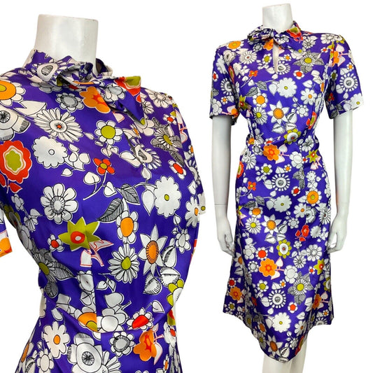 VINTAGE 60s 70s PURPLE WHITE ORANGE FLORAL DAISY PUSSYBOW MOD DRESS 14