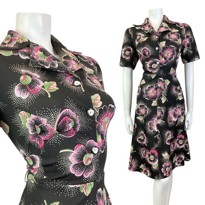 VINTAGE 60s 70s BLACK WHITE PINK FLORAL DOTTY MOD DAGGER SHIRT DRESS 12 14