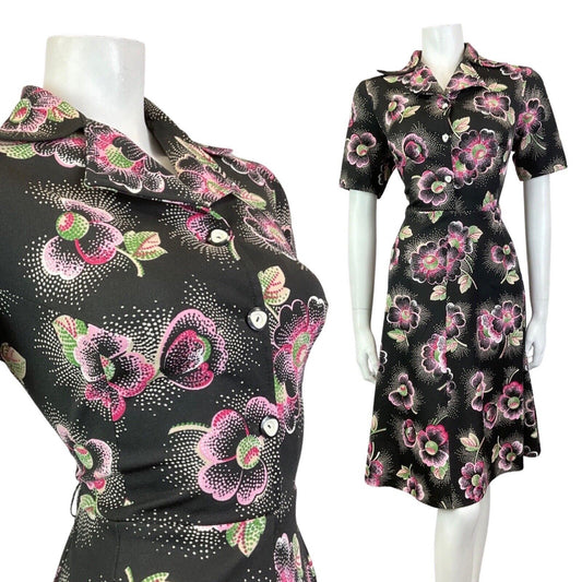 VINTAGE 60s 70s BLACK WHITE PINK FLORAL DOTTY MOD DAGGER SHIRT DRESS 12 14