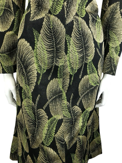 VTG 60S 70S BLACK GREEN GOLD LEAF LUREX SWEETHEART PARTY MIDI DRESS 1214 M