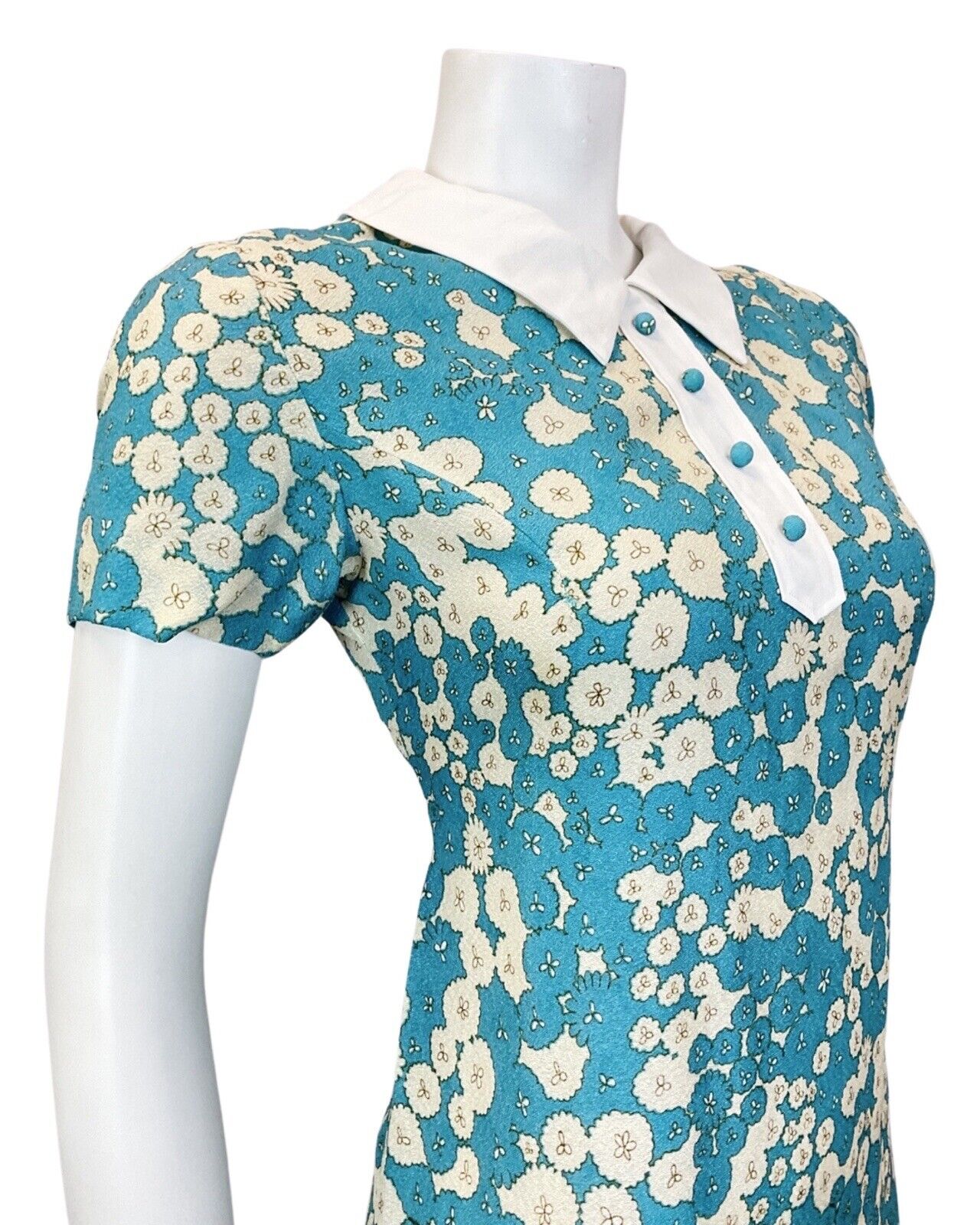 VINTAGE 60s 70s BLUE CREAM FLORAL ABSTRACT DITSY MOD SHORT SHIRT DRESS 10