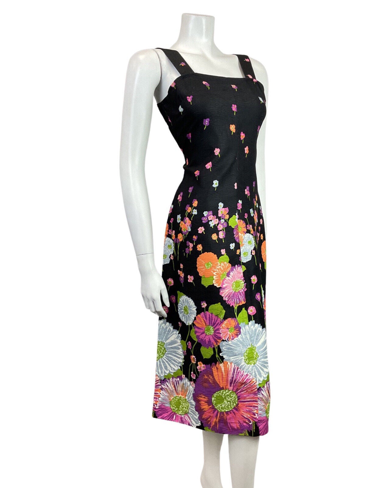 VINTAGE 60s 70s BLACK PINK GREEN FLORAL GERBERA SLEEVELESS SUMMER DRESS 8