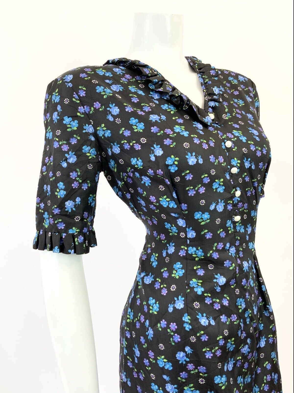 VINTAGE 60s 70s BLACK BLUE PURPLE FLORAL ROSE DAISY FITTED WIGGLE DRESS 10 12