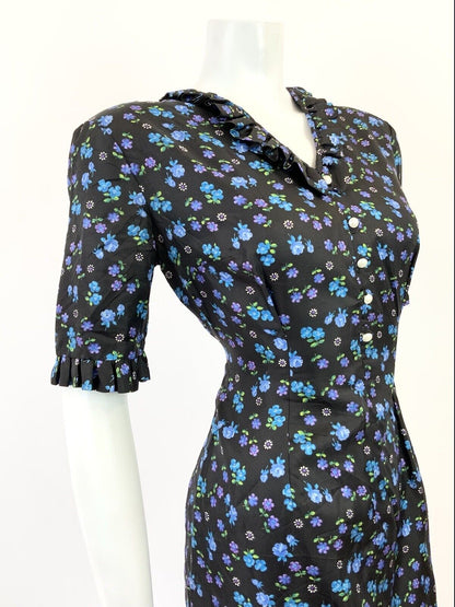 VINTAGE 60s 70s BLACK BLUE PURPLE FLORAL ROSE DAISY FITTED WIGGLE DRESS 10 12