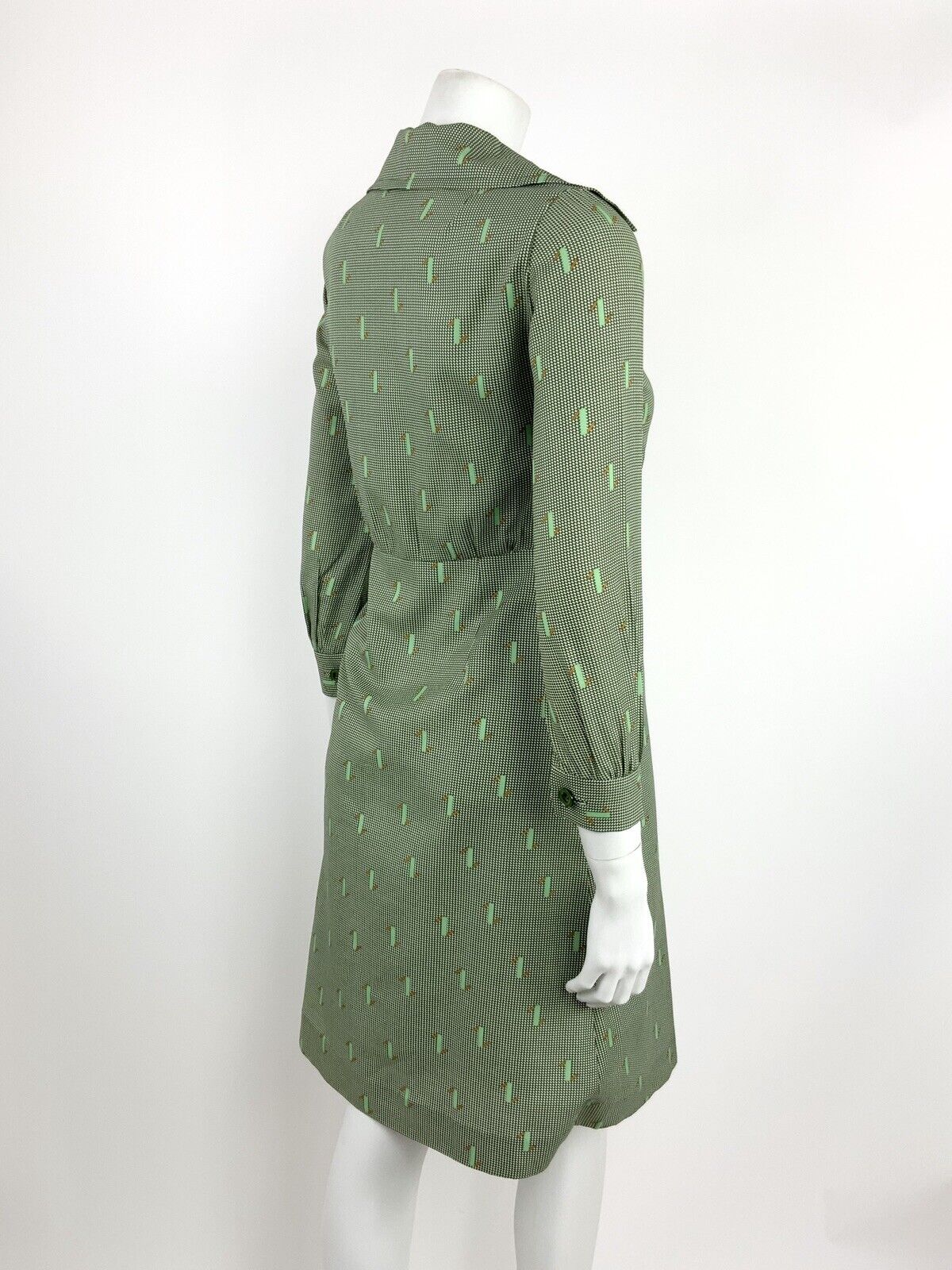 VINTAGE 60s 70s GREEN WHITE BROWN HOUNDSTOOTH GEOMETRIC WING COLLAR DRESS 10