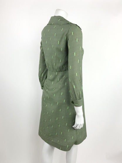VINTAGE 60s 70s GREEN WHITE BROWN HOUNDSTOOTH GEOMETRIC WING COLLAR DRESS 10