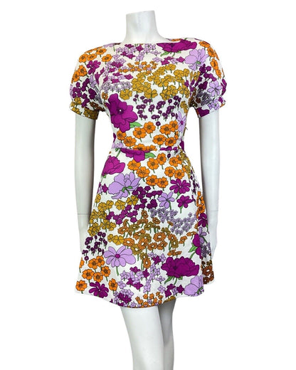 VINTAGE 60s 70s PURPLE WHITE YELLOW FLORAL MOD SHORT SWING DRESS 8 10