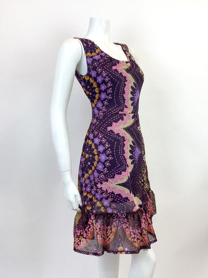 VINTAGE 60s 70s PURPLE PINK CREAM PSYCHEDELIC FLORAL SHEER MOD DRESS 10
