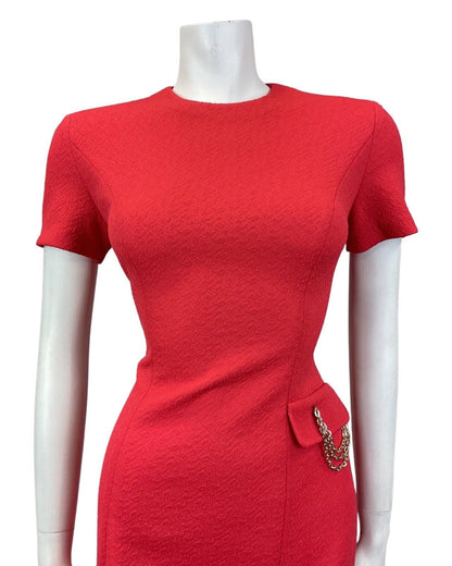 VINTAGE 60s 70s PILLARBOX RED SILVER CHAIN SHORT SLEEVE FITTED MOD DRESS 10