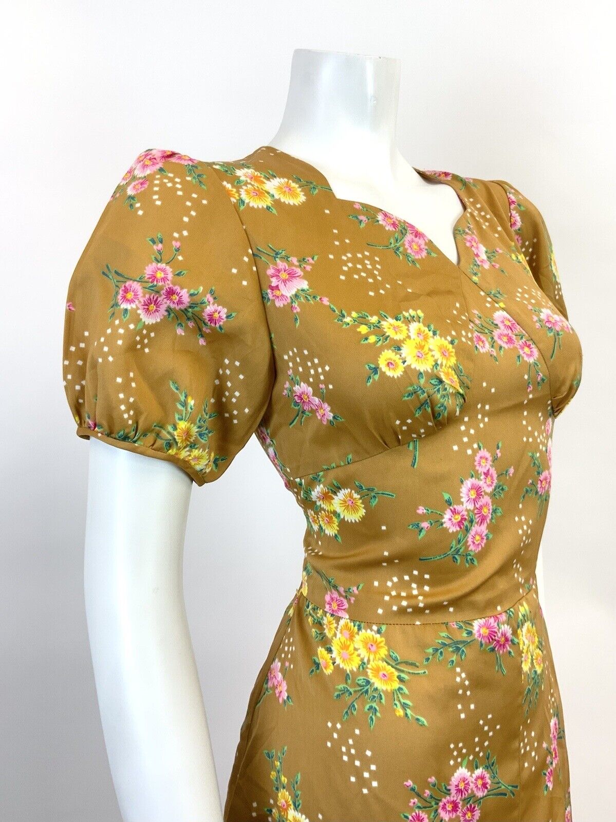 VTG 60s 70s GOLDEN BROWN  TAN GREEN PINK FLORAL DOTTY PUFF SLEEVE TEA DRESS 10