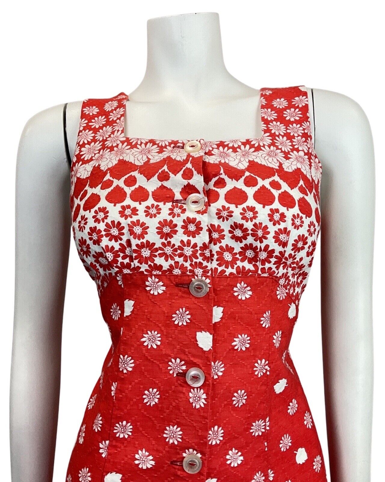 VINTAGE 60s 70s PILLARBOX RED WHITE FLORAL LEAFY MOD SLEEVELESS SUMMER DRESS 8