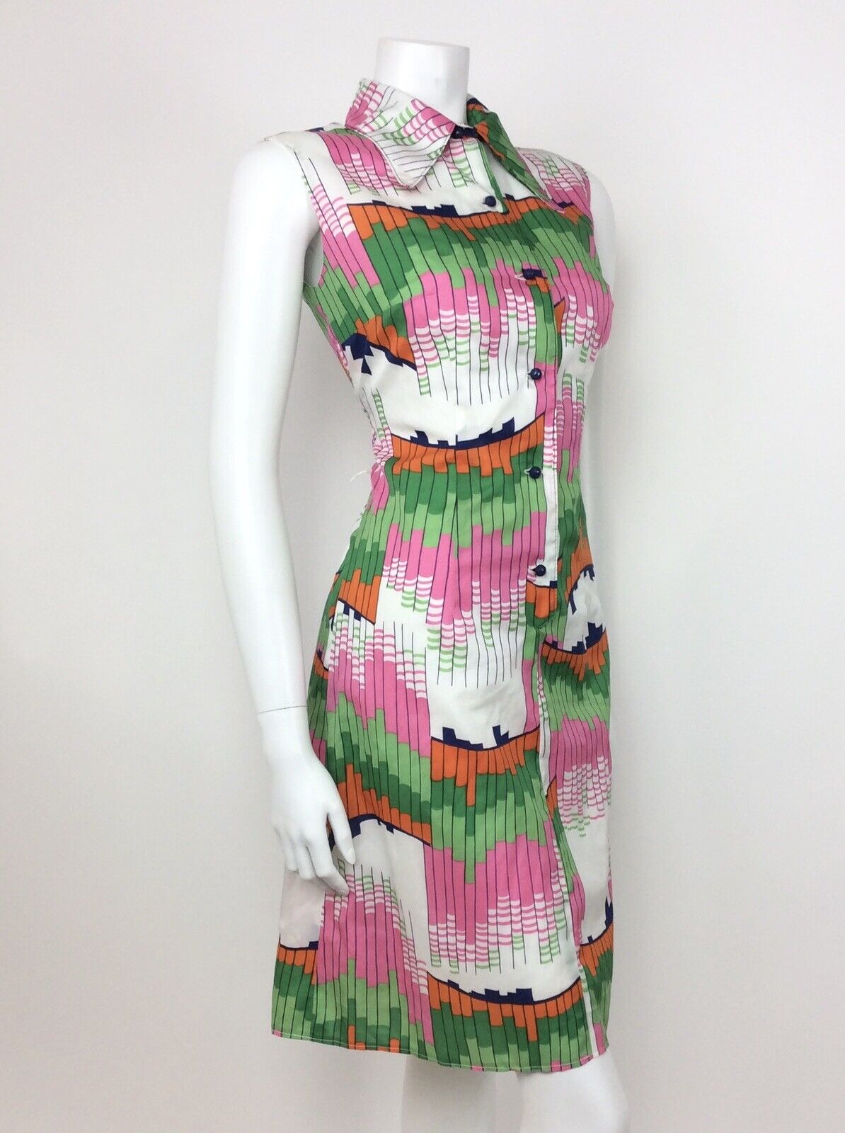 VTG 60s 70s GEOMETRIC ABSTRACT WHITE GREEN PINK ORANGE BLUE SHIRT DRESS 10 12