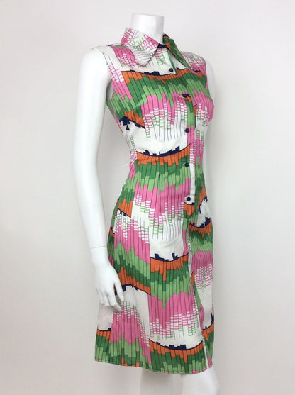 VTG 60s 70s GEOMETRIC ABSTRACT WHITE GREEN PINK ORANGE BLUE SHIRT DRESS 10 12