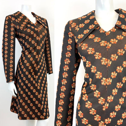 VTG 60s 70s BROWN ORANGE YELLOW FLORAL STRIPED SPOON COLLAR SHIRT DRESS 14 16