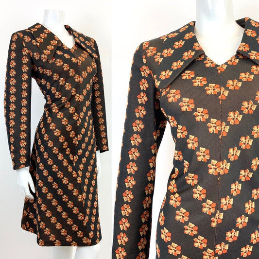 VTG 60s 70s BROWN ORANGE YELLOW FLORAL STRIPED SPOON COLLAR SHIRT DRESS 14 16