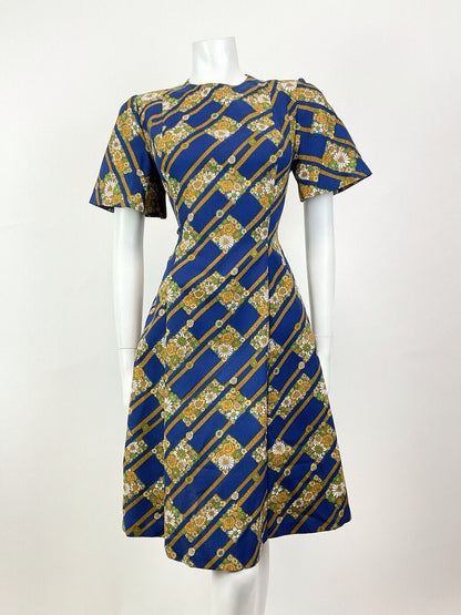 VTG 60s 70s BLUE GOLD BROWN GEOMETRIC DITSY FLORAL MOD SKATER SWING DRESS 8 10