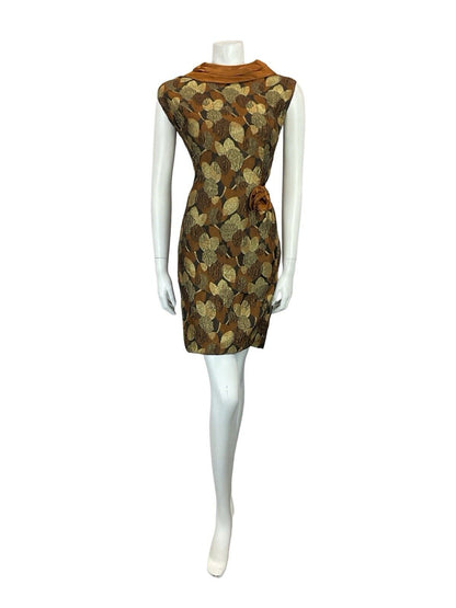 VTG 60S COPPER GOLD BLACK SATIN LEAF BROCADE PLUNGING BACK PARTY DRESS 12 14 M
