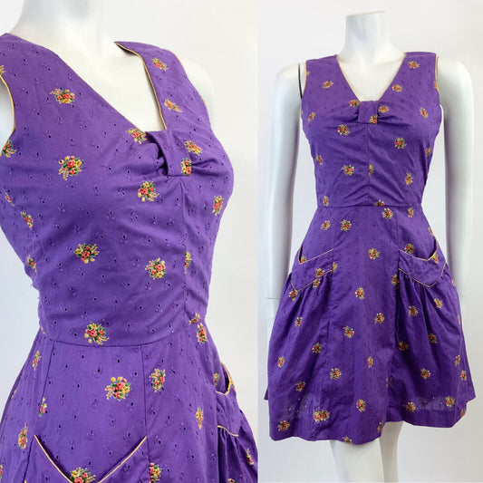 VINTAGE 60s 70s PURPLE YELLOW ANGLAISE EMBROIDERED FLORAL ROSE MOD DRESS 8