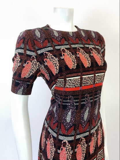 VINTAGE 60s 70s BLACK RED PINK CHECKED FLORAL LEAFY PAISLEY SWING DRESS 14 16