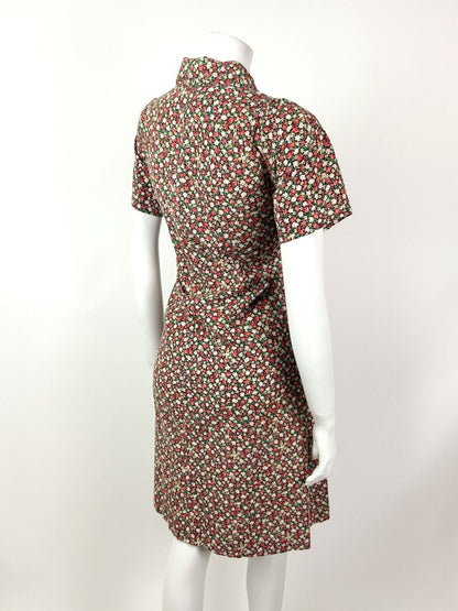VINTAGE 60s 70s RED PINK GREEN FLORAL DITSY ROSE DAGGER SHIRT DRESS 12