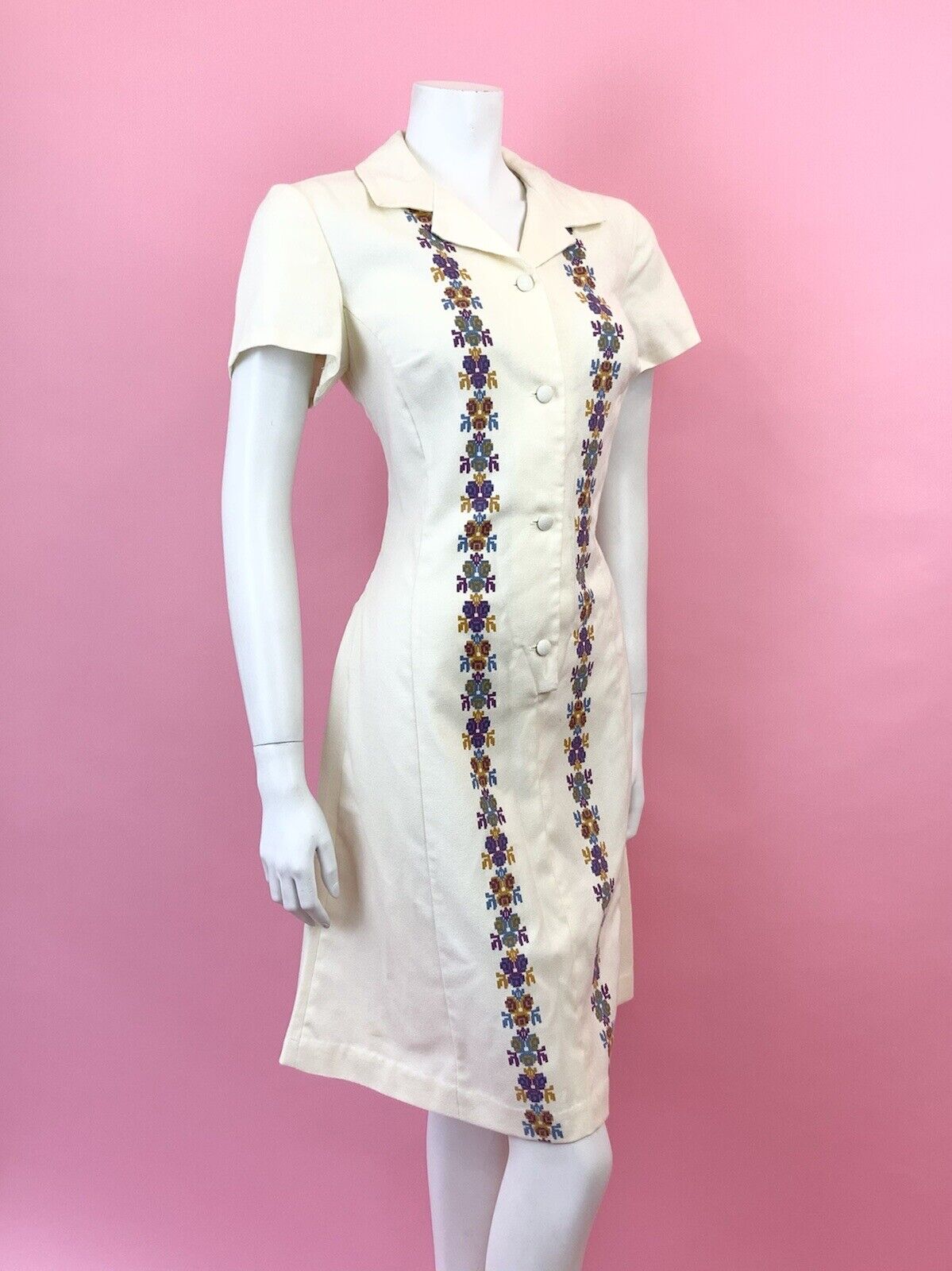 VINTAGE 60s 70s CREAM BLUE PURPLE PIXEL ROSE FLORAL REVERS SHIRT DRESS 12 14