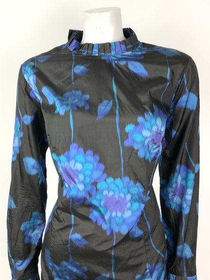 VINTAGE 60s 70s BLACK BLUE PURPLE FLORAL PSYCHEDELIC RUFFLE COLLAR DRESS 14 16