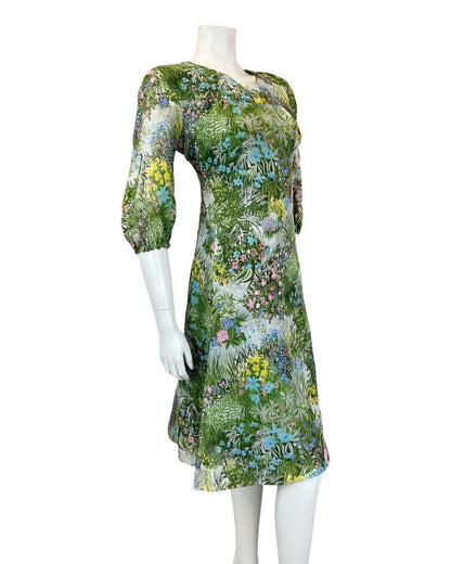 VINTAGE 60s 70s GREEN PINK BLUE GARDEN FLORAL GRASS SHEER FLOATY DRESS 12 14