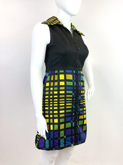 VINTAGE 60s 70s BLACK GREEN BLUE YELLOW GRID GEOMETRIC DAGGER SHIRT DRESS 14 16