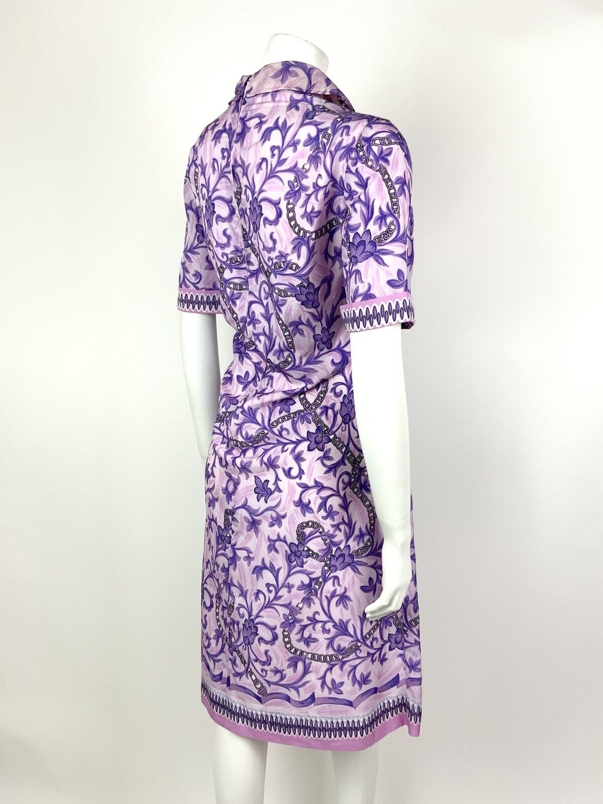 VINTAGE 60s 70s PINK PURPLE BLACK ACANTHUS FLORAL CHAIN WING COLLAR DRESS 14