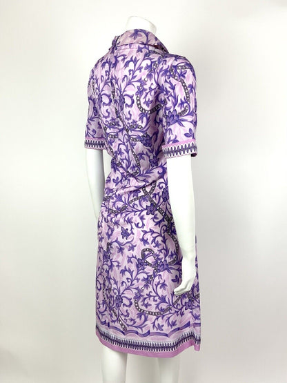 VINTAGE 60s 70s PINK PURPLE BLACK ACANTHUS FLORAL CHAIN WING COLLAR DRESS 14