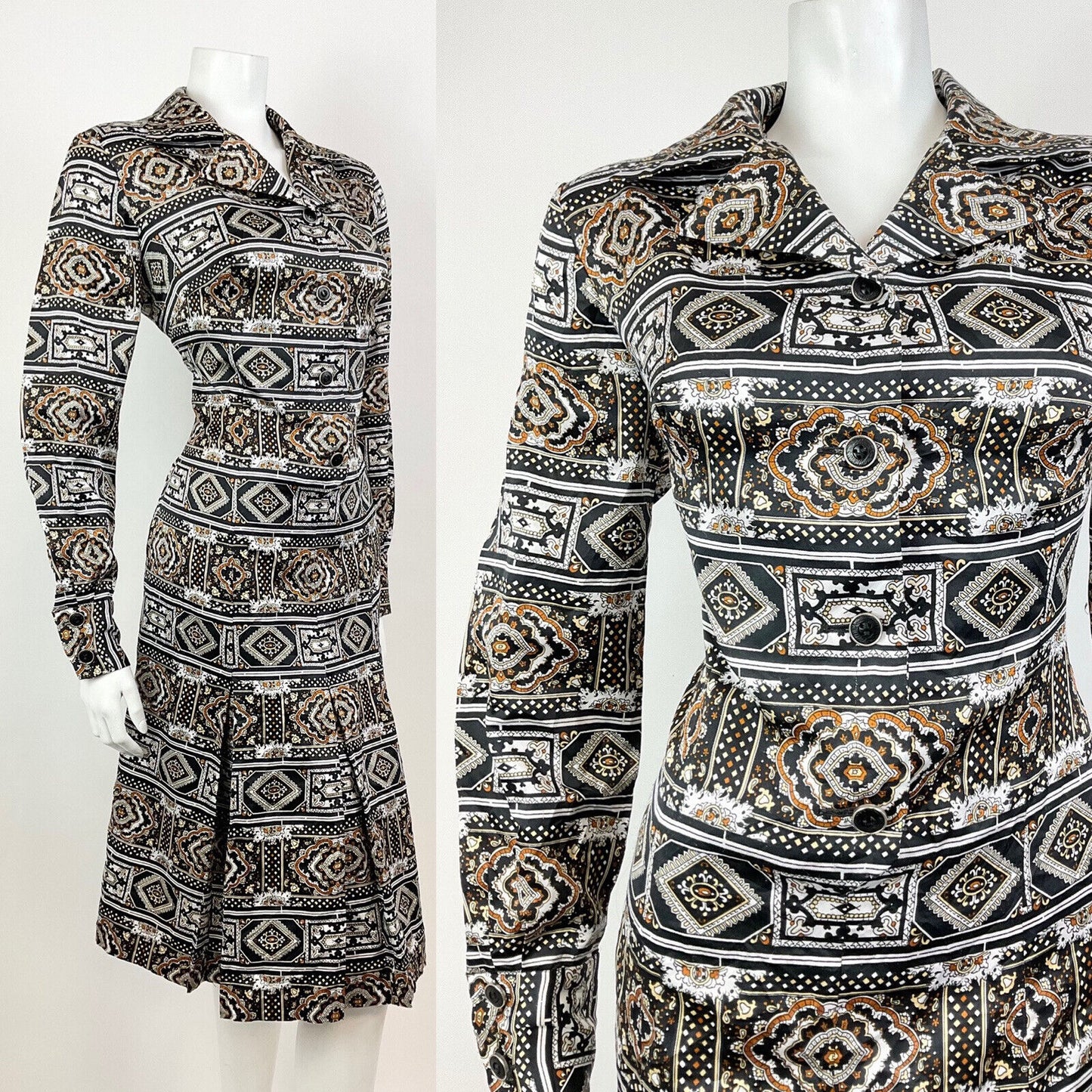 VTG 60s 70s BLACK BROWN WHITE PSYCHEDELIC TILED BAROQUE ORNATE SHIRT DRESS 14