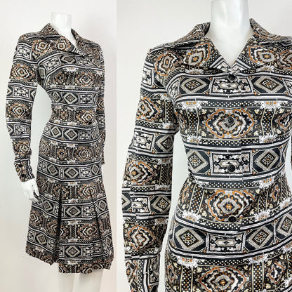 VTG 60s 70s BLACK BROWN WHITE PSYCHEDELIC TILED BAROQUE ORNATE SHIRT DRESS 14