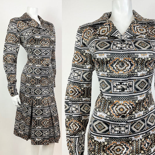 VTG 60s 70s BLACK BROWN WHITE PSYCHEDELIC TILED BAROQUE ORNATE SHIRT DRESS 14