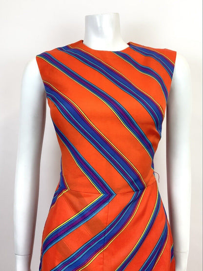 VINTAGE 60s 70s ORANGE BLUE PURPLE STRIPED GEOMETRIC SLEEVELESS MOD DRESS 10