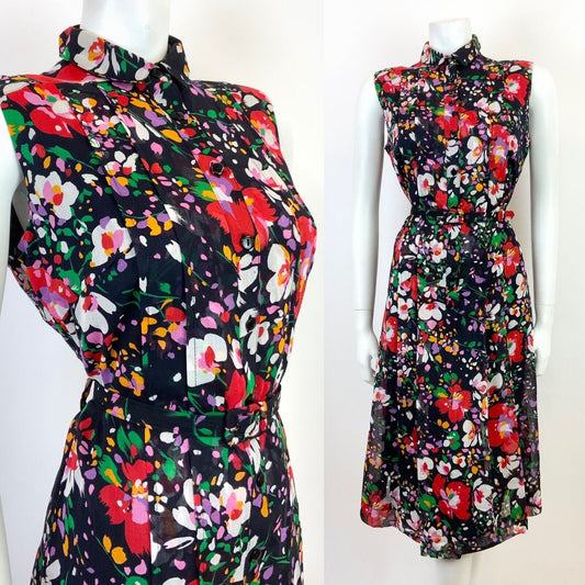 VTG 60s 70s BLACK RED WHITE GREEN FLORAL BELTED MOD SLEEVELESS SHIRT DRESS 12 14