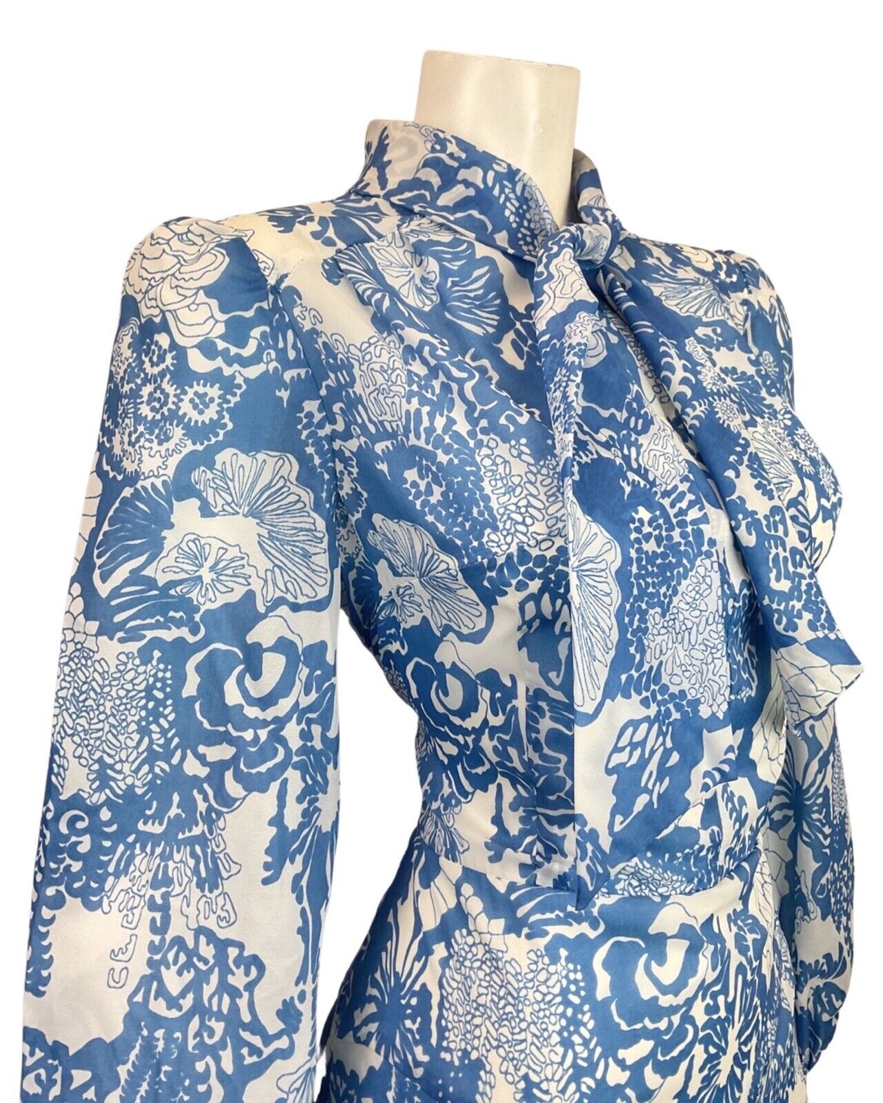 VINTAGE 60s 70s BLUE WHITE PSYCHEDELIC FLORAL PUSSYBOW SHEER SWING DRESS 12 14