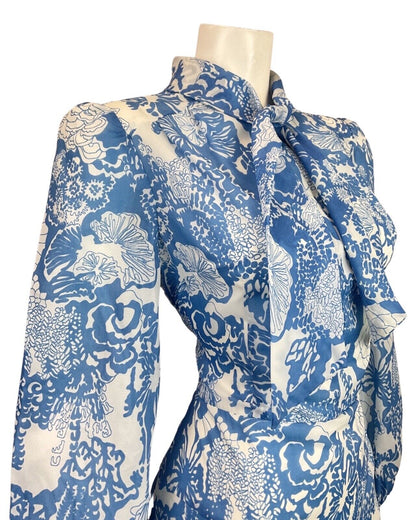 VINTAGE 60s 70s BLUE WHITE PSYCHEDELIC FLORAL PUSSYBOW SHEER SWING DRESS 12 14