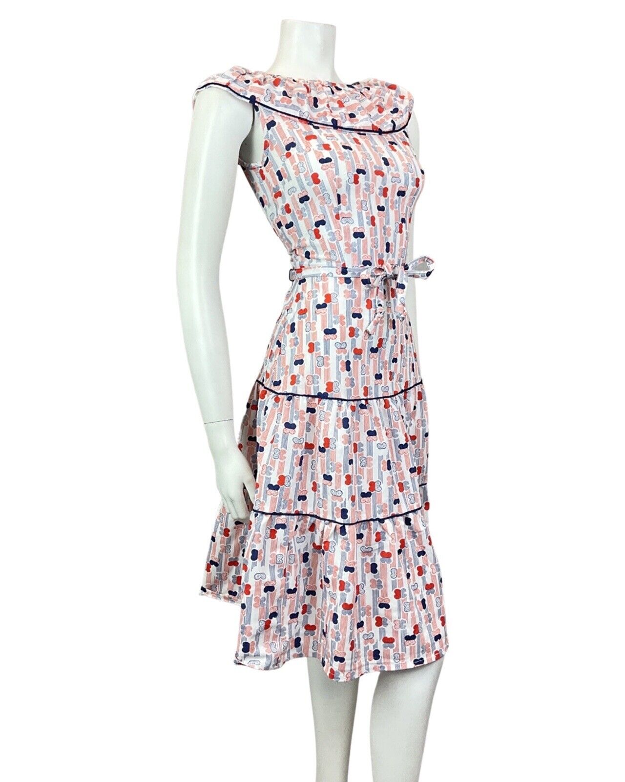 VINTAGE 60s 70s WHITE RED BLUE STRIPED BUTTERFLY SLEEVELESS SWING DRESS 8 10