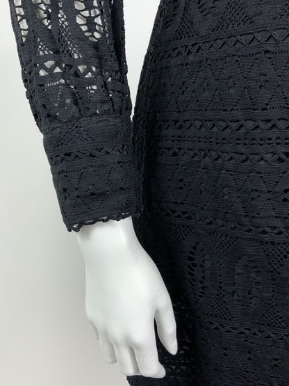 VINTAGE 60s 70s BLACK LACE CROCHET MOD COVEN GLAM WING COLLAR DRESS 10 12
