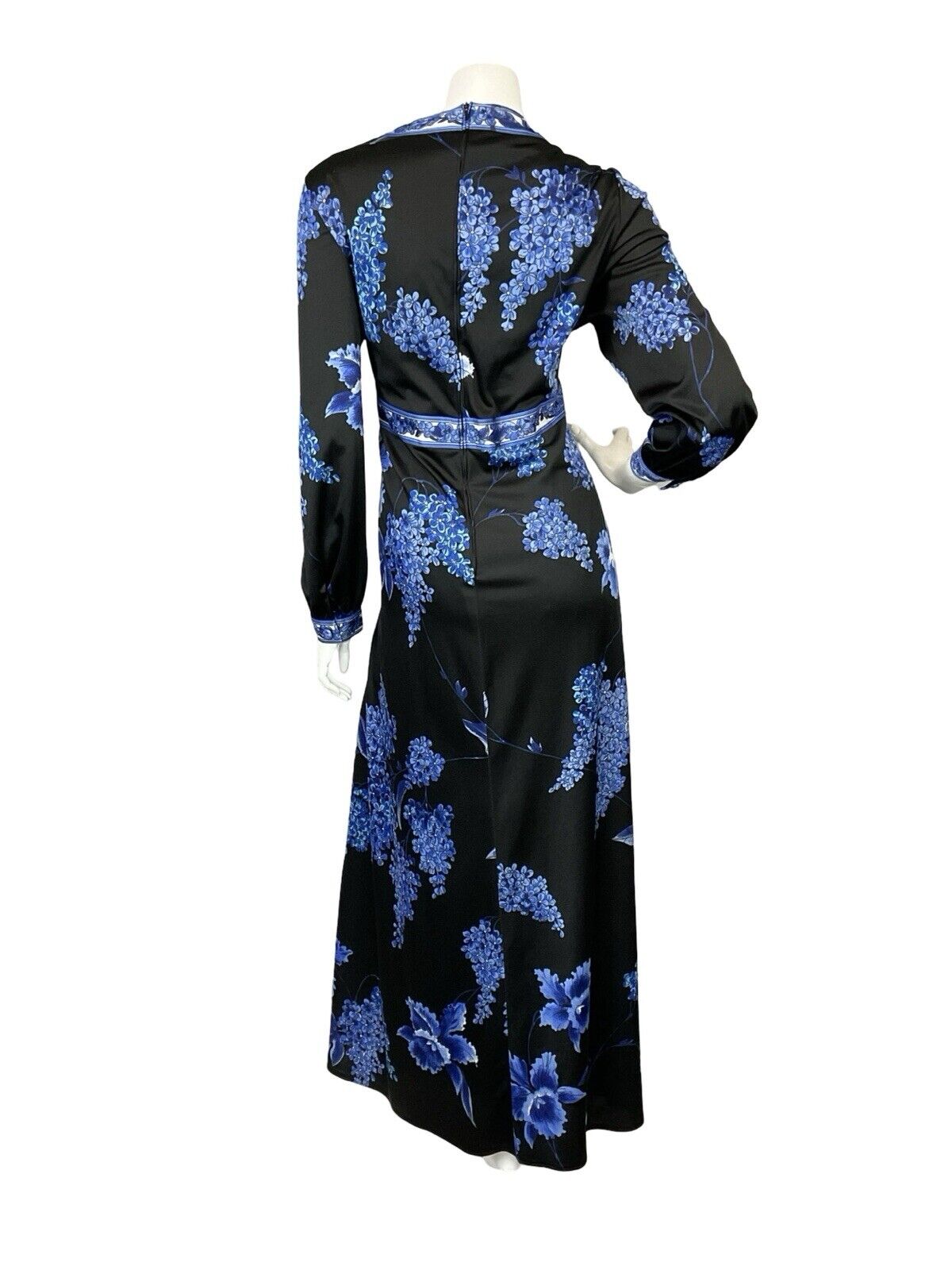 VTG 70S BLACK BLUE FLORAL PLUNGING NECKLINE BOHO HIPPY MAXI LONG SLEEVE DRESS 16