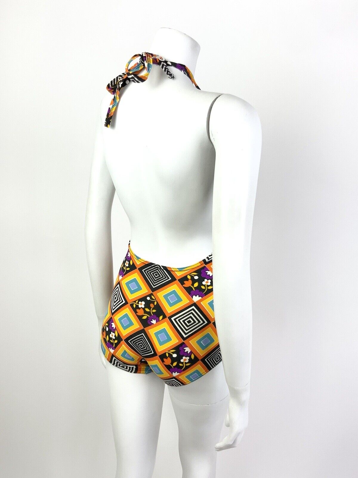 VTG 60s 70s ORANGE BLACK PURPLE GEOMETRIC FLORAL HALTER SWIM BATHING SUIT 10 12