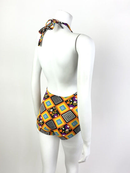 VTG 60s 70s ORANGE BLACK PURPLE GEOMETRIC FLORAL HALTER SWIM BATHING SUIT 10 12