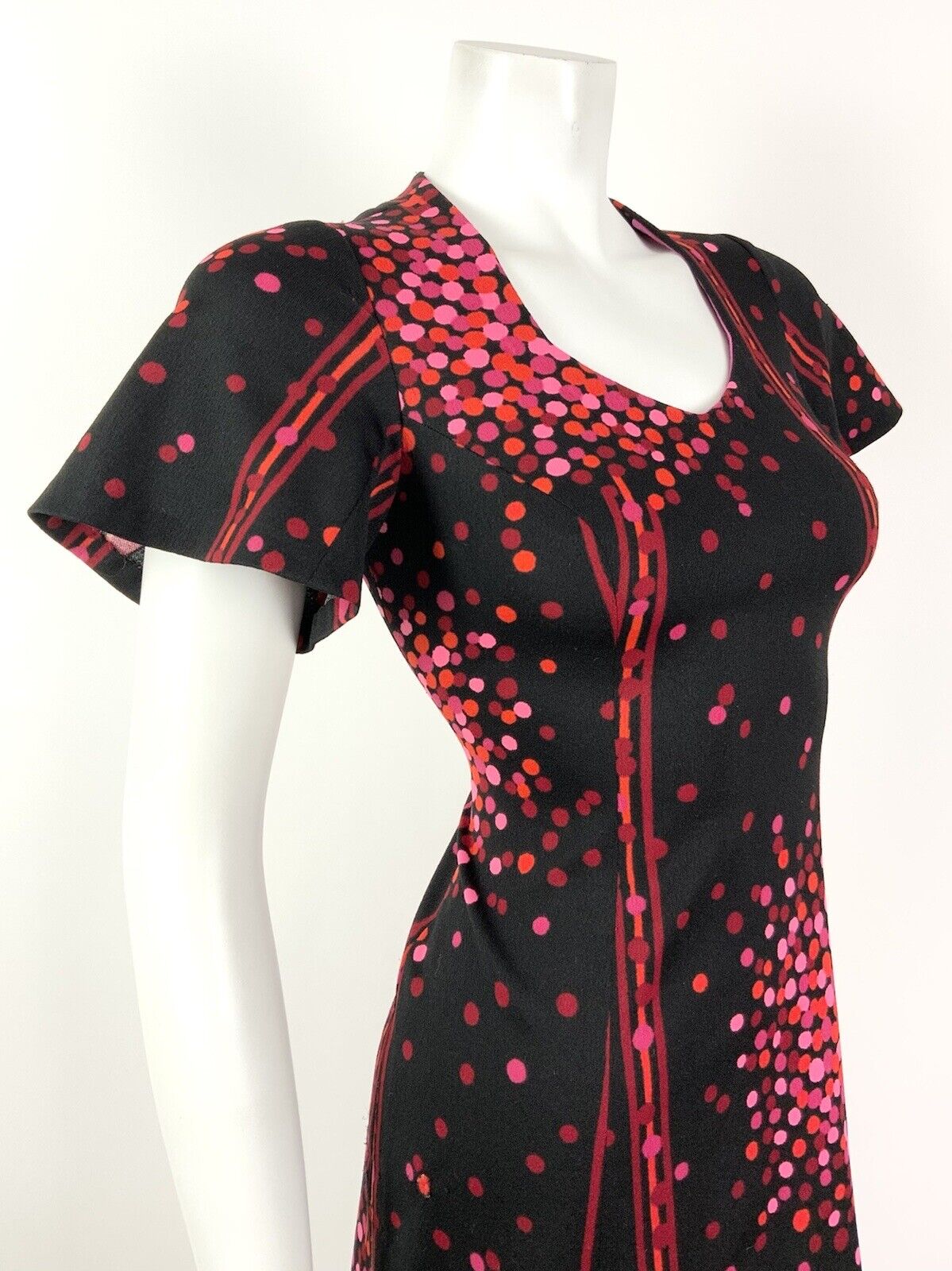 VINTAGE 60s 70s BLACK PINK RED ORANGE DOTTY STRIPE FIT & FLARE DRESS 12 14