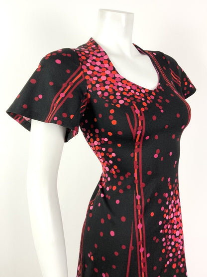 VINTAGE 60s 70s BLACK PINK RED ORANGE DOTTY STRIPE FIT & FLARE DRESS 12 14