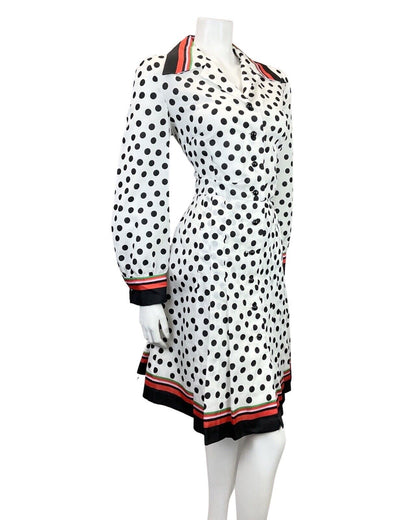 VINTAGE 60s 70s WHITE BLACK RED POLKA-DOT SPOTTED DAGGER SHIRT DRESS 14 16