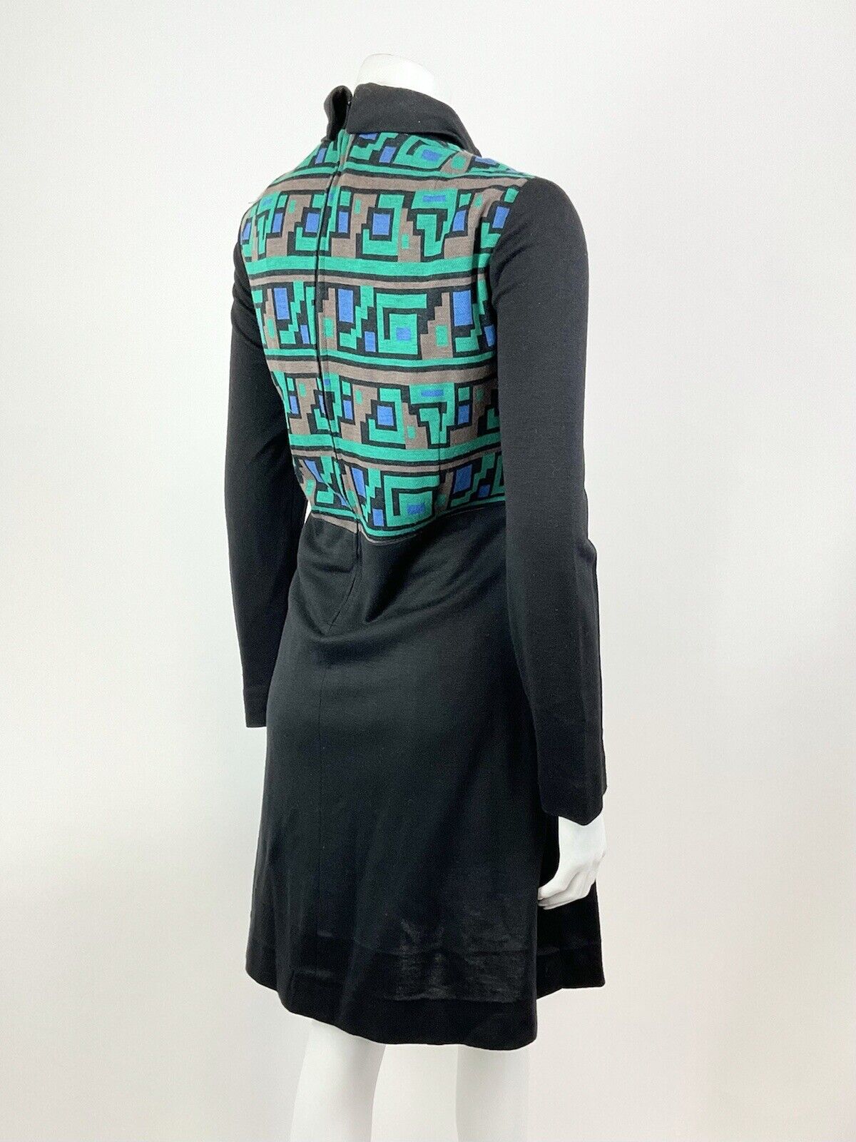 VINTAGE 60s 70s BLACK GREEN BLUE GEOMETRIC TURTLENECK PLEATED SKATER DRESS 14 16