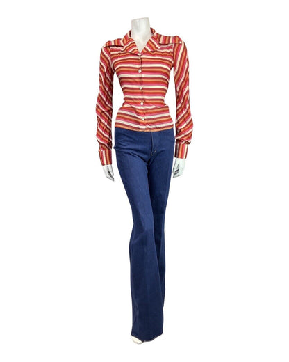 VINTAGE 60s 70s PINK RED GOLD STRIPED MOD DAGGER COLLAR SHIRT 8