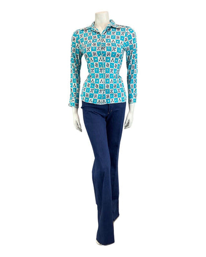 VINTAGE 60s 70s BLUE WHITE FLORAL GOLFING CHECKERBOARD FITTED BLOUSE SHIRT 8