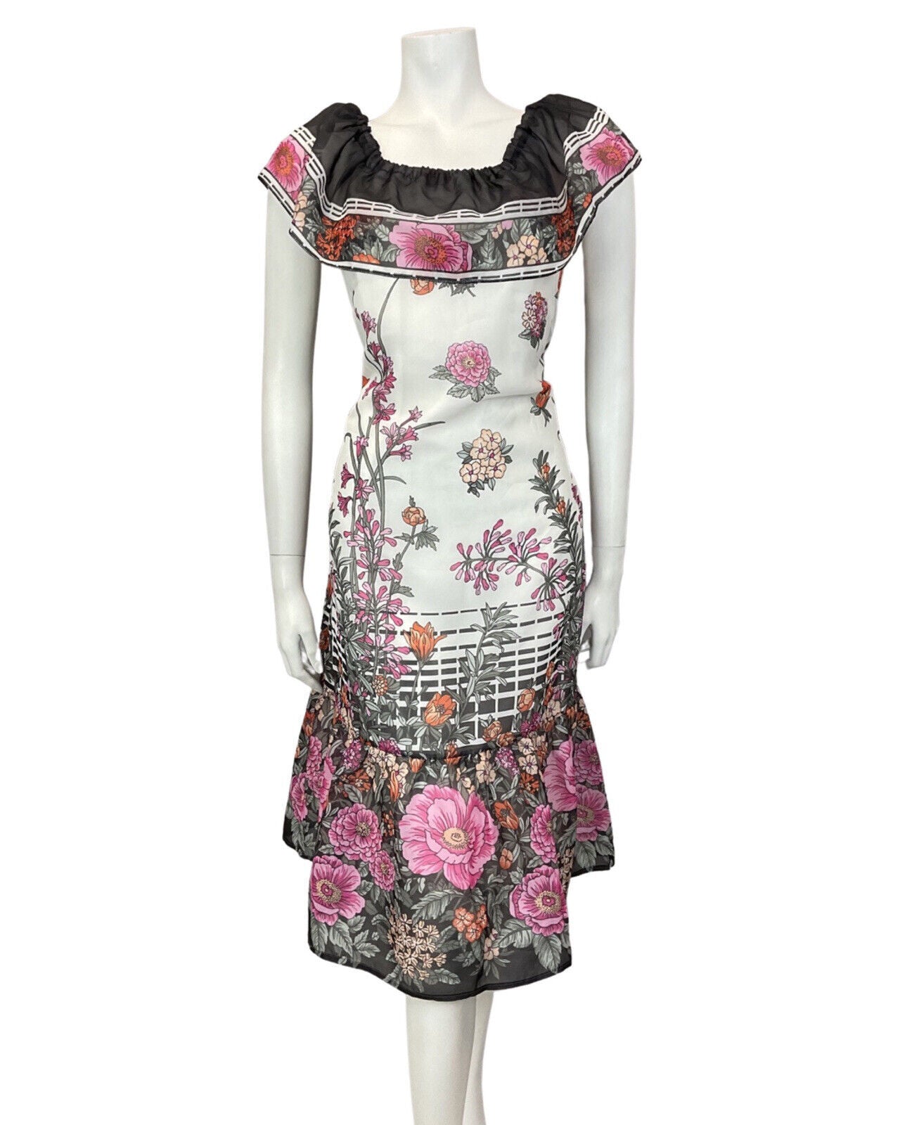 VINTAGE 60s 70s WHITE BLACK PINK FLORAL GARDEN RUFFLED SUMMER DRESS 10 12