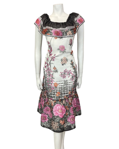 VINTAGE 60s 70s WHITE BLACK PINK FLORAL GARDEN RUFFLED SUMMER DRESS 10 12